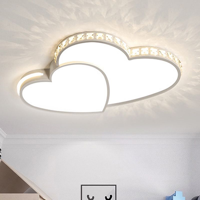 Acrylique Double Heart Flush Ceiling Light with Sparkle Crystal Romantic LED Ceiling Lamp in White pour Bathroom