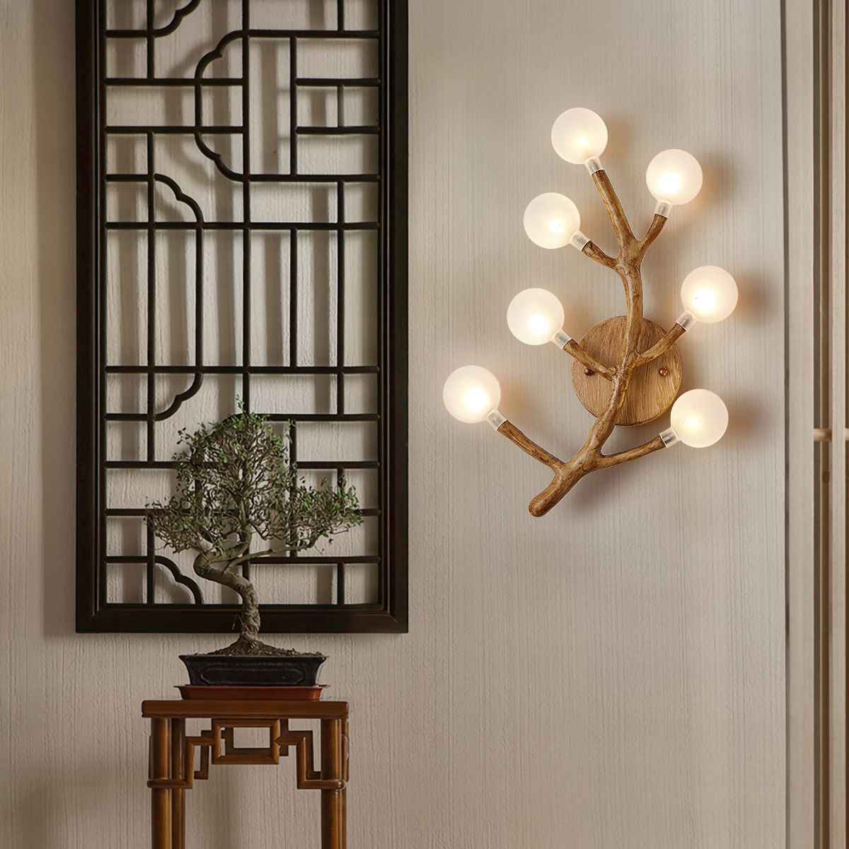 Japanese Style Glass Wall Light Branch Shape 7 Lights Wall Sconce for Bedroom