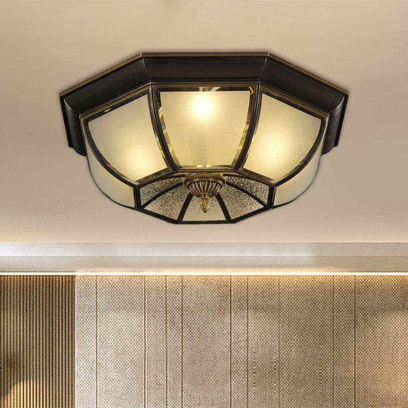 Concave Bowl Sitting Room Flush Mount Vintage Frosted and Ripple Glass 3/4-Bulb Black Ceiling Fixture, 14"/18" Width