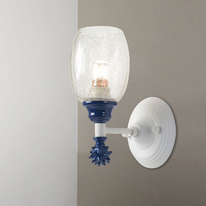 1/2-Bulb Bedside Wall Mounted Lamp Rural Blue/Gold/Dark Blue Wall Lighting with Oval Clear Crackle Glass Shade
