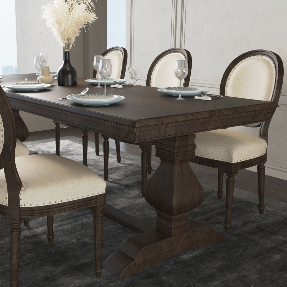 Mid-Century Modern Rectangle Table Solid Wood Dining Table with Trestle Base