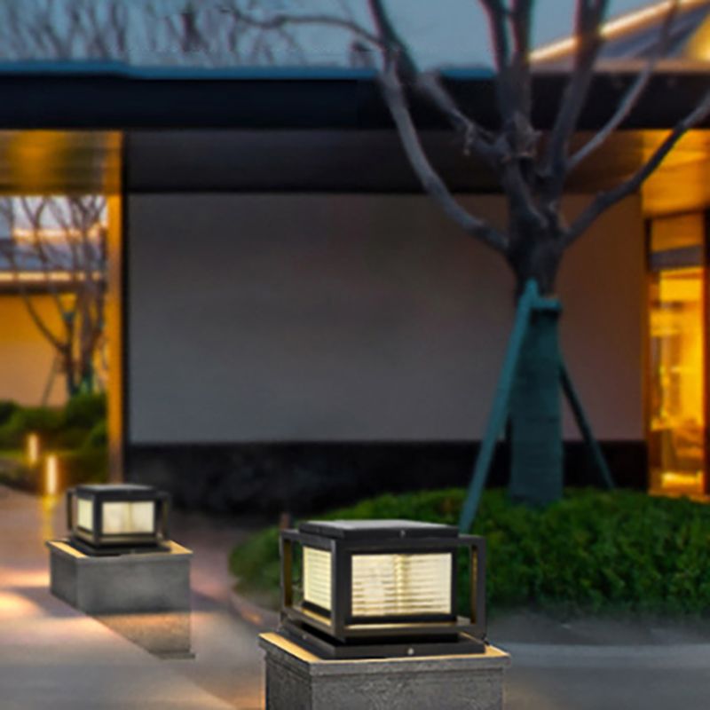 Metal Square Shape Outdoor Light Modern Style 1-Light Solar Pillar Lights in Black