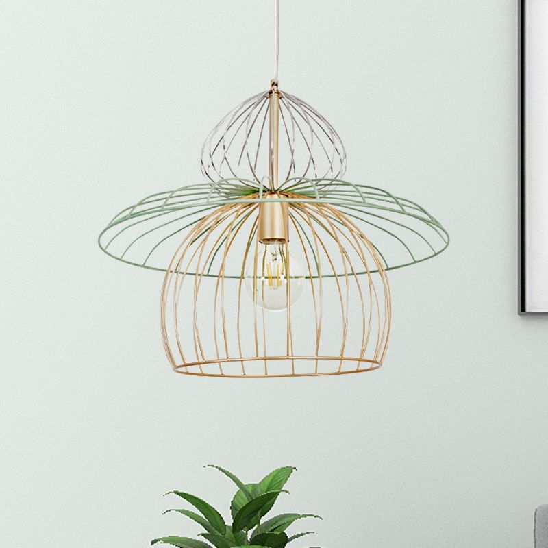 Iluminación colgante de jaula de alambre de metal Nordic Estilo simple 1 Luz de suspensión de oro ligero para comedor