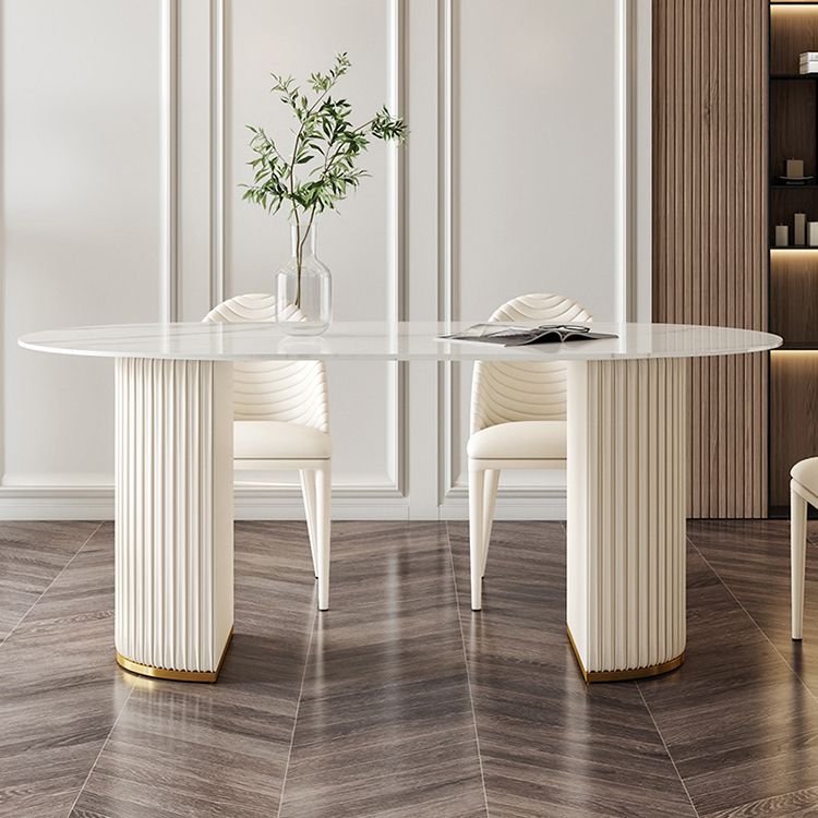 Oval Traditional Luxury Dining Table White Sintered Stone Table with White Double Pedestal