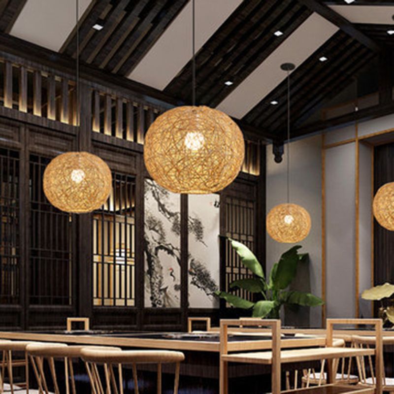 Restaurant Pendant Light Kit Asia Style Beige Hanging Ceiling Light with Globe Rattan Shade