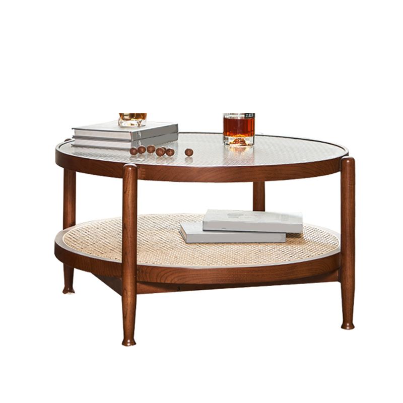 Tropical Round Cocktail Table Glass Top Coffee Cocktail Table with Storage