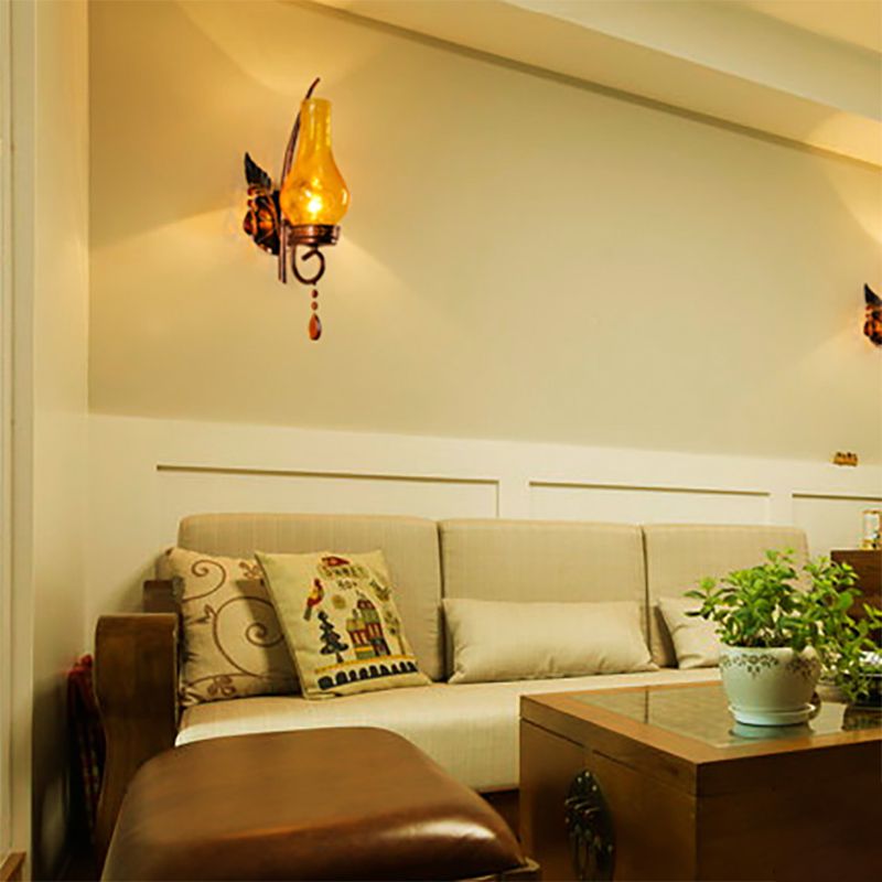 Traditional Vase Wall Mount Light Yellow Cracked Glass 1 Light Bathroom Wall Light Sconce with Orange Crystal Deco