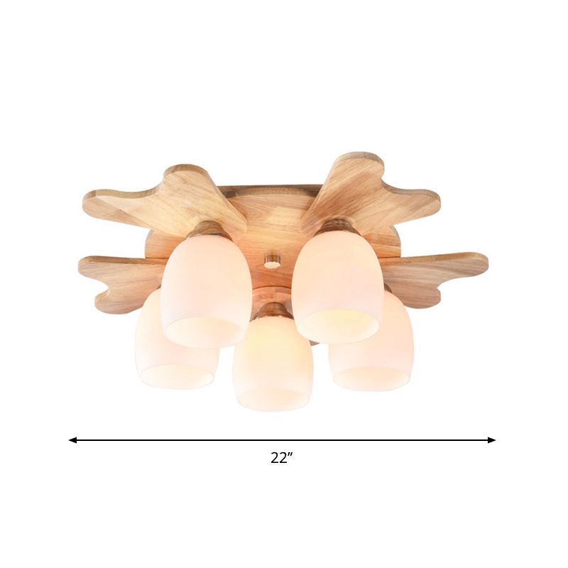 Cream Glass Bell Flush Ceiling Light Nordic 1/5/7-Head Semi Mount Lighting with Antler Top in Wood