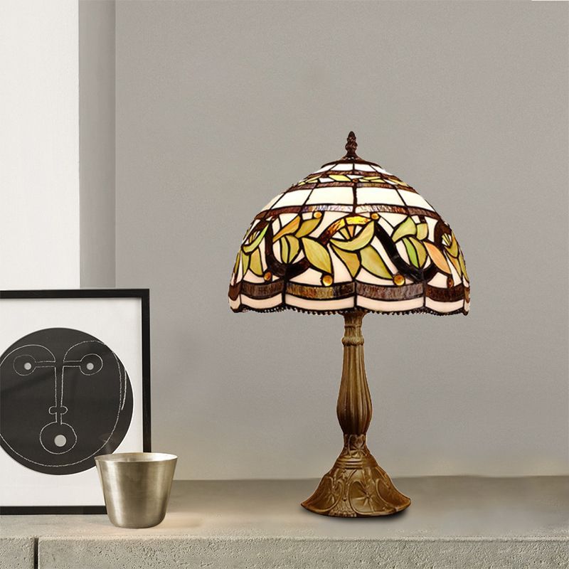 1 kop Dome tafellamp barokke stijl geel/groen/oranje gebrandschilderd glas nachtkastje lamp met blad/bloempatroon