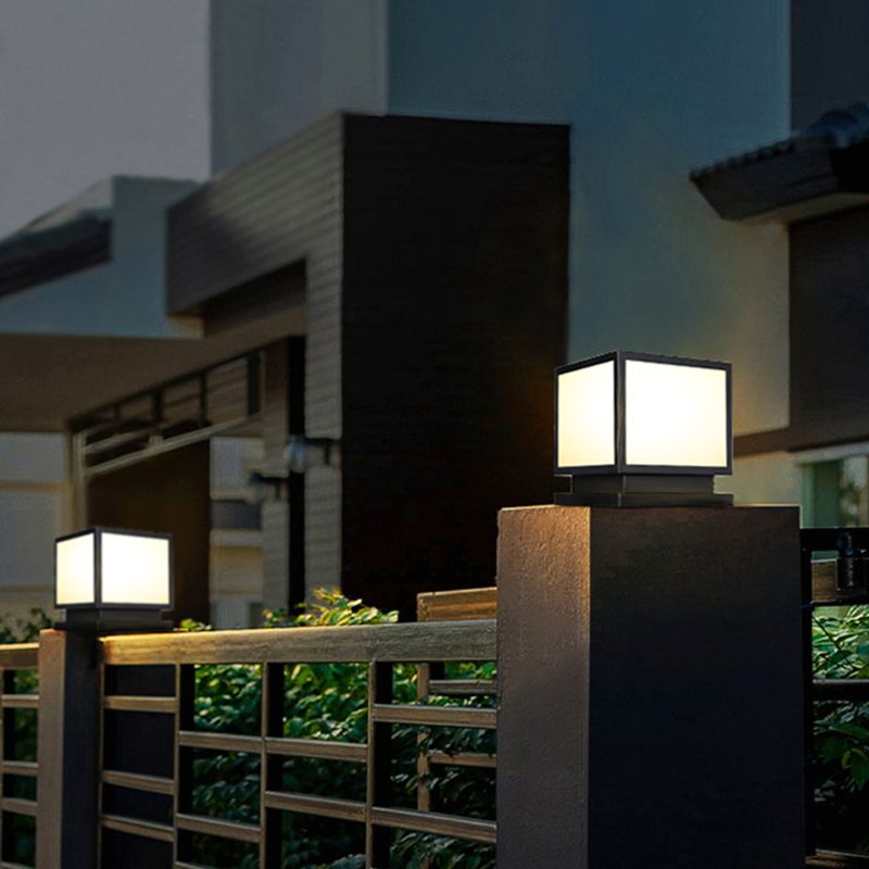 Square Shape Metal Outdoor Lamp Modern Style 1 Light Solar Pillar Lights in Black