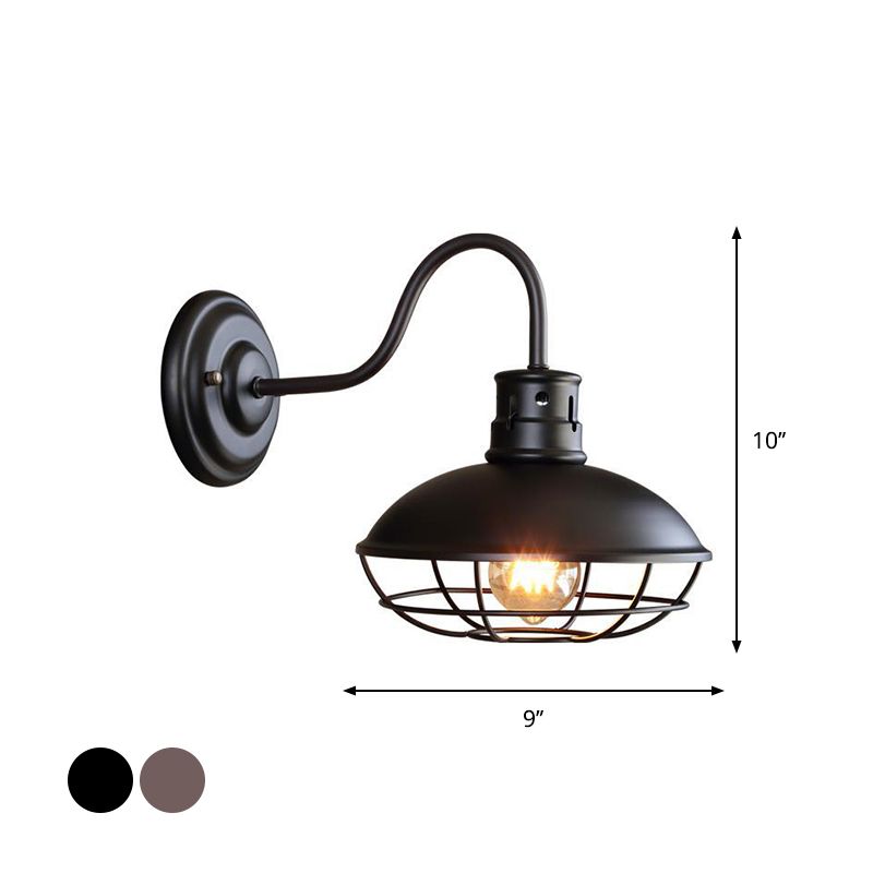 Wide Bowl Iron Wall Lamp Industrial Style 1-Light Bistro Sconce Wall Light with Bottom Wire Cage in Black/Coffee