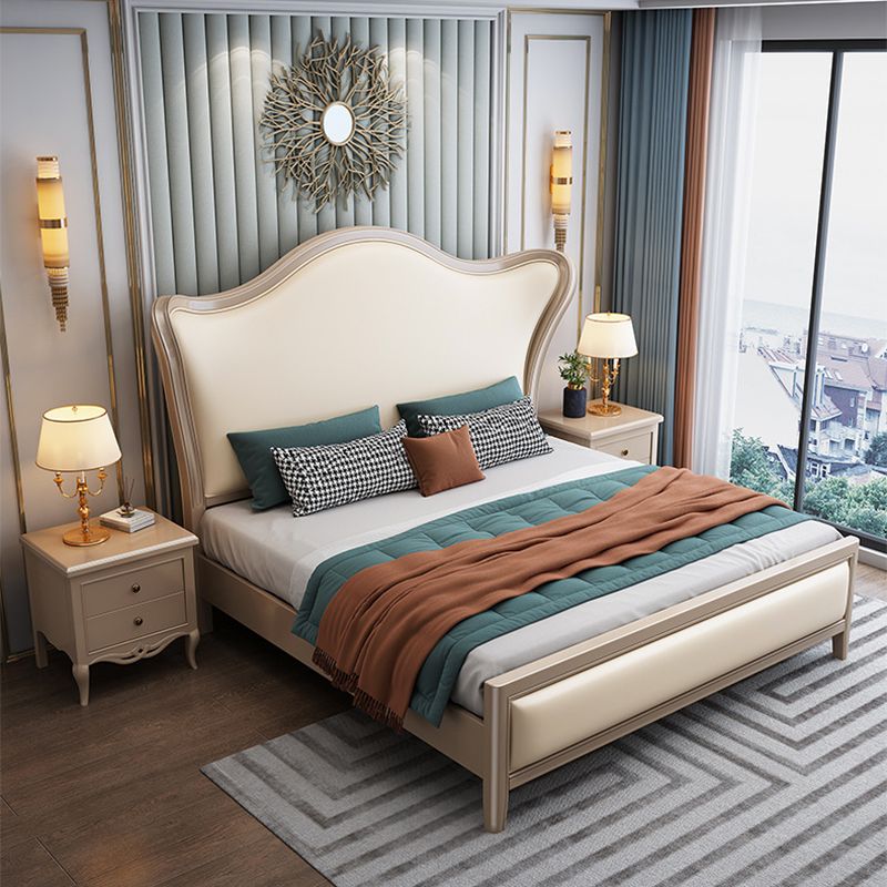 84.65 inch Wide Victorian Wingback Bed Rubberwood Bed with Upholstered Headboard