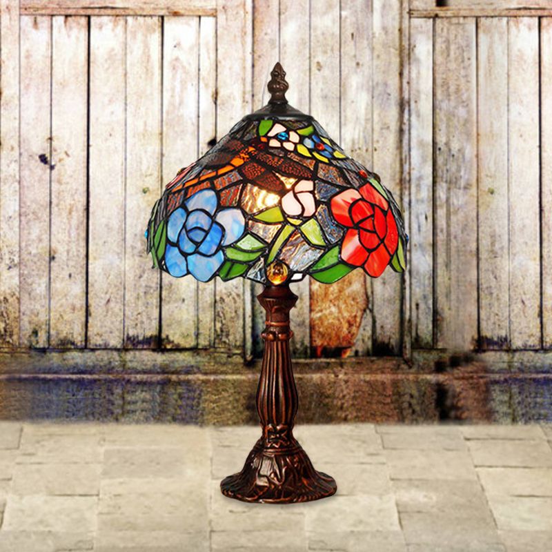1-Light Peony Patterned Table Lighting Tiffany Bronze Stained Glass Night Stand Lamp