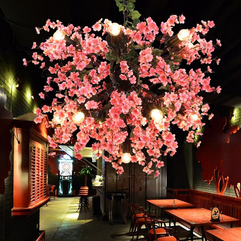 13 Köpfe Eisendecke Beleuchtung Vintage Pink Starburst Restaurant Kronleuchter Leuchte mit Kirschblütendekoration