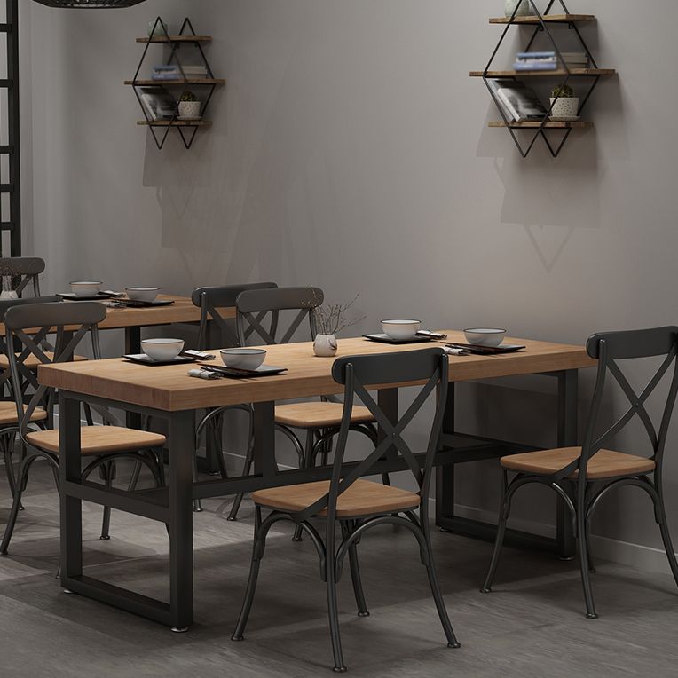 Mesa de comedor rectangular industrial mesa de madera maciza con base de caballete negro para uso doméstico
