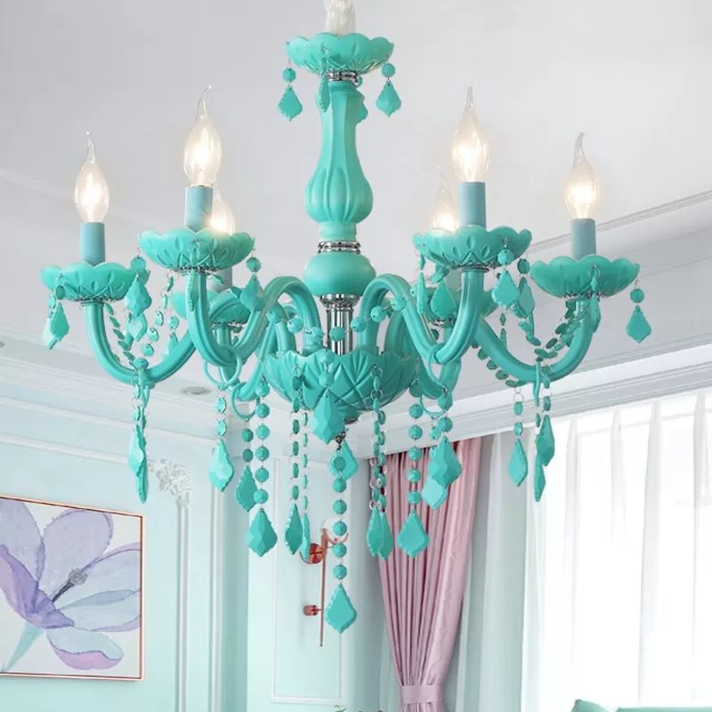 Macaron Stylish Suspension Light with Crystal Deco Candle 6 Lights Metal Chandelier for Teen