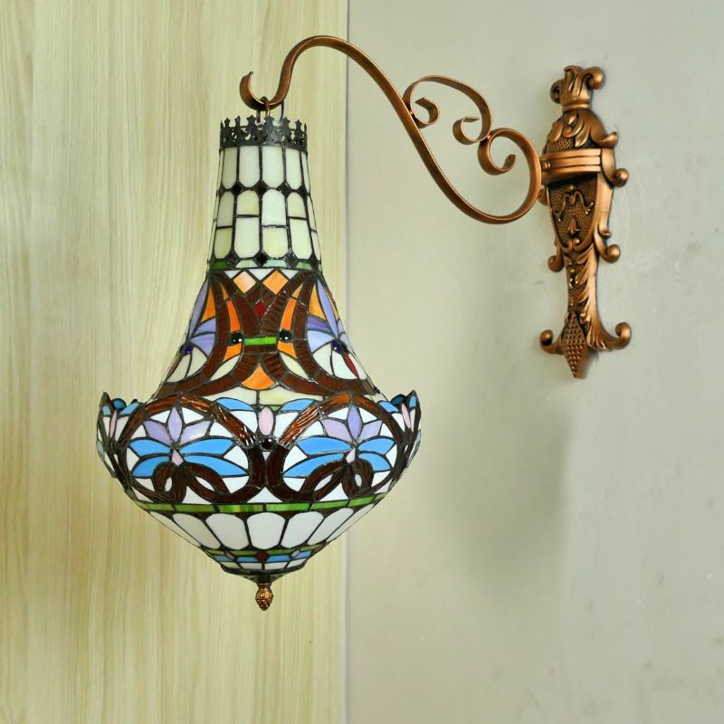3 Lights Wall Light Fixture Mediterranean Flower Stained Glass Sconce in Beige/Yellow/Orange for Living Room