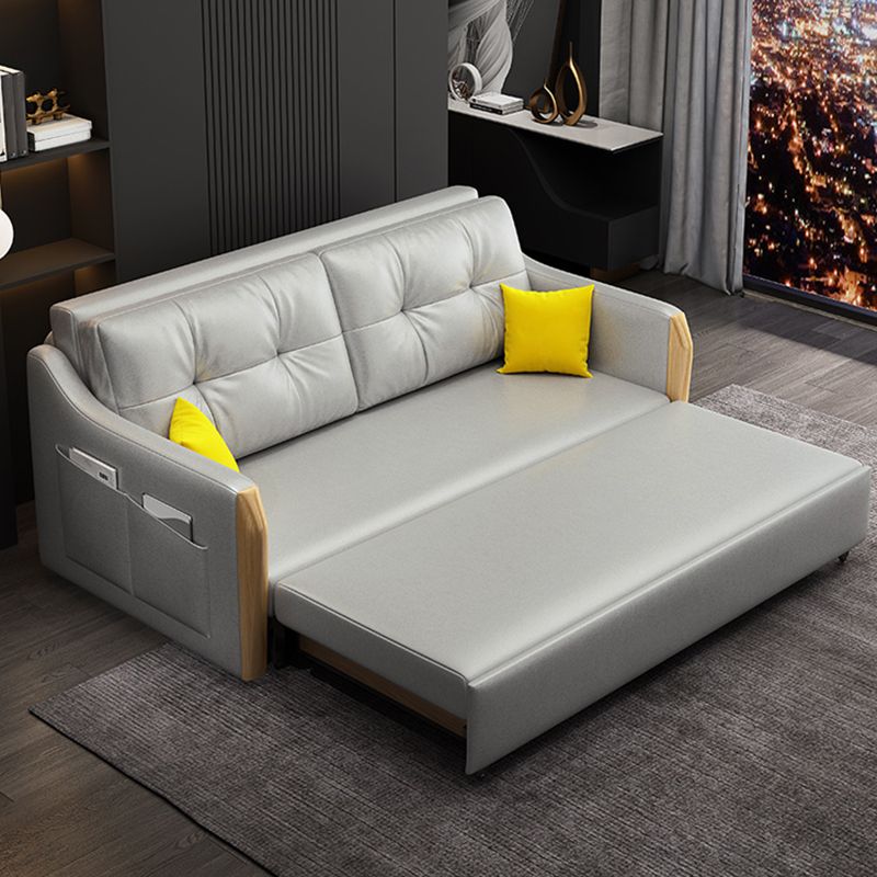 Scandinavian Faux Leather Sloped Arm Sofa Tufted Back Sofa in Gray