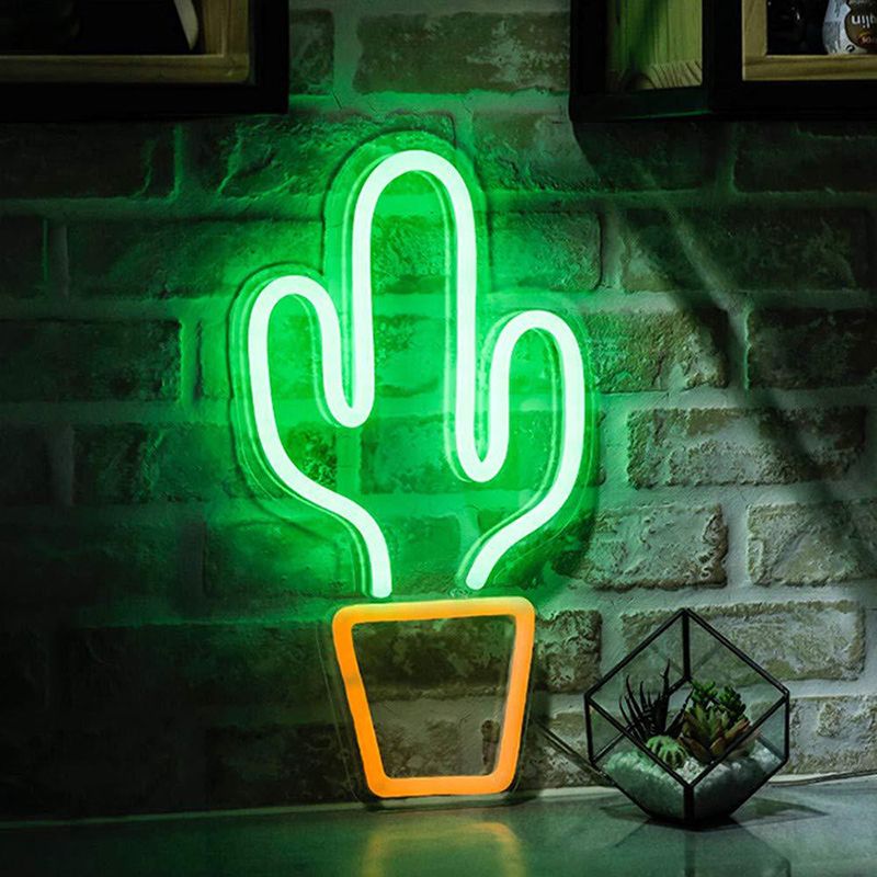 White Potted Cactus Shaped Nightstand Light Kids Style LED Plastic Wall Night Lighting