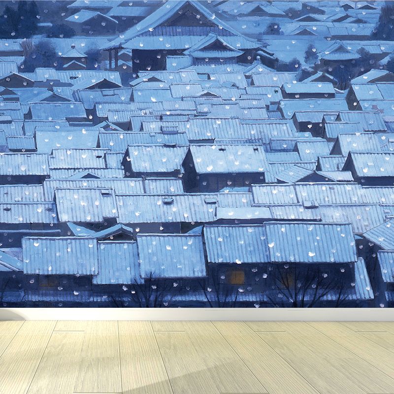 Modern Quadrangle House Mural Decal Non-Woven Washable Blue Wall Art for Boys Room