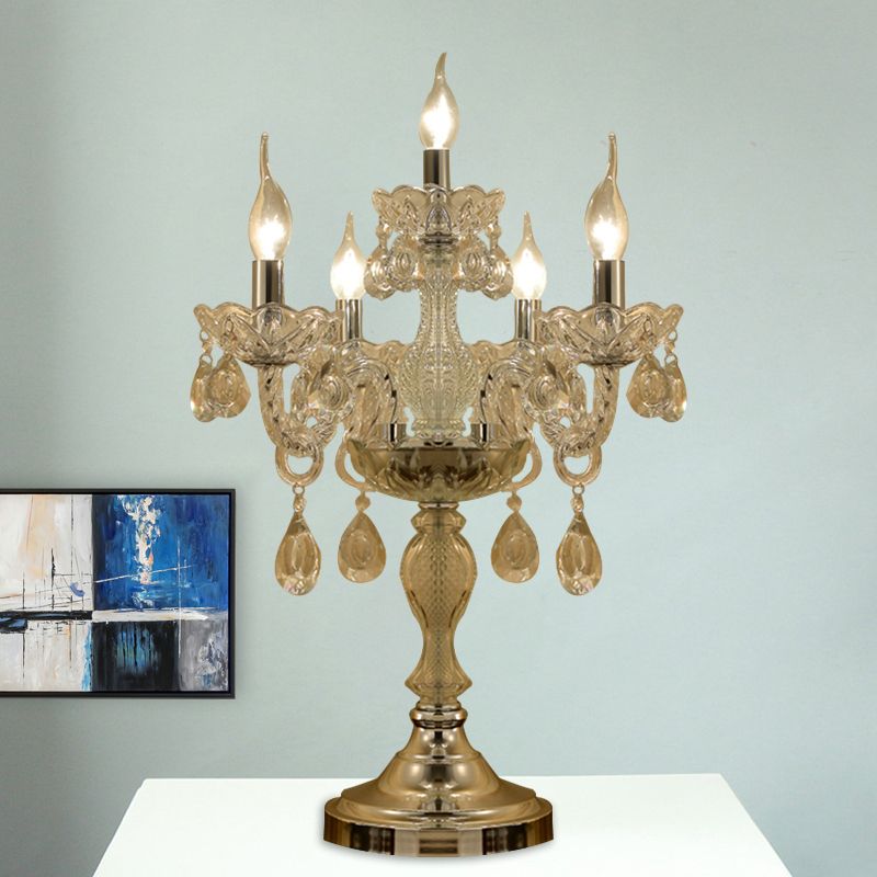Luz de mesa de dormitorio de candelabra Lámpara tradicional de cristal transparente 5/6/7 Lámpara de pie de noche cromada