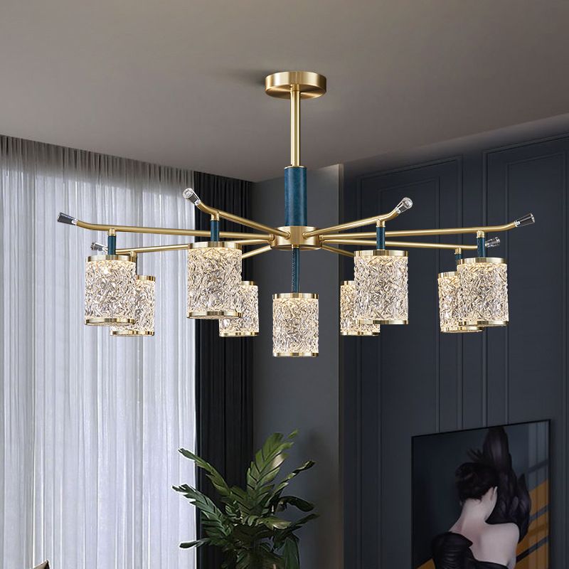 Diner Chandelier Modern Brass Pendant Light with Cylindrical Rippled Glass Shade
