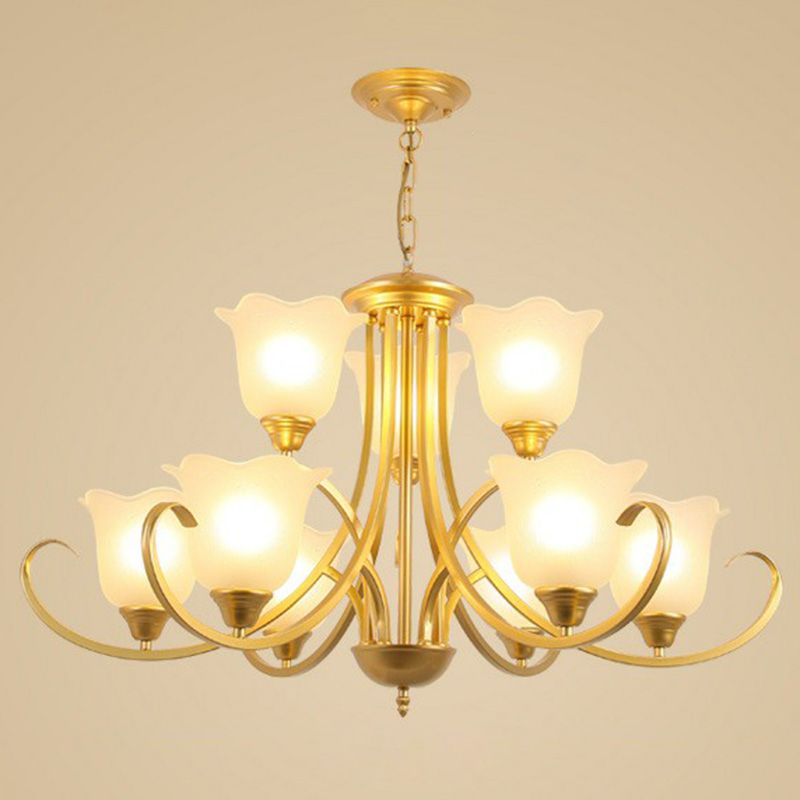 Classic Floral Chandelier Lighting Iron Pendant Light with Ruffled Cream Glass Shade