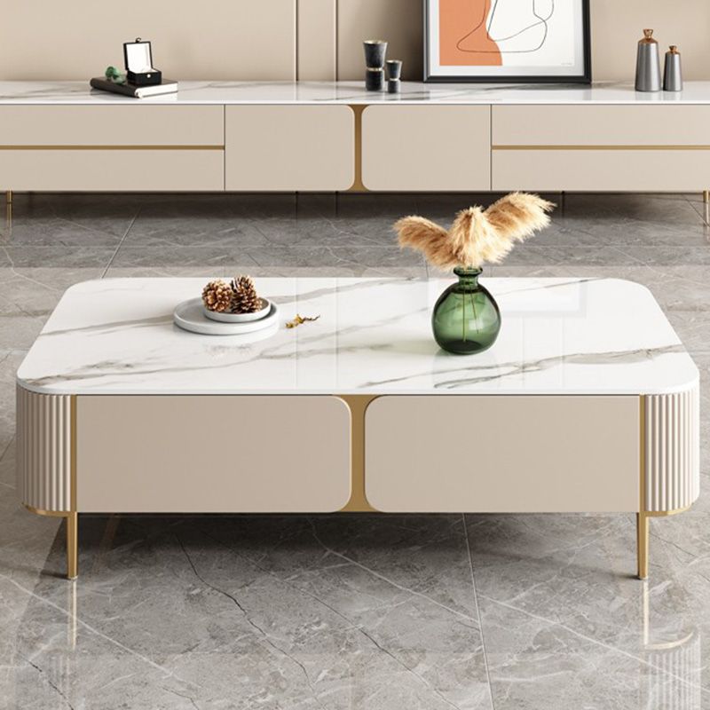 Contemporary Stone Single Coffee Table 4 Legs Coffee Cocktail Table with Storage Drawers