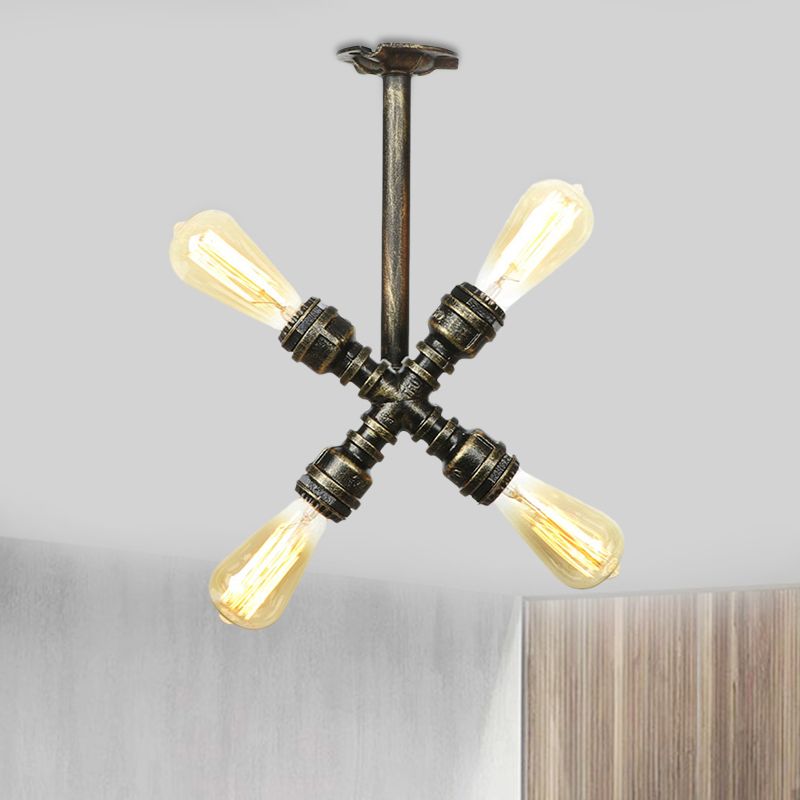 Industrial Bare Bulb Semi Flush Mount 3/4-Light Iron Flush Ceiling Lighting in Bronze