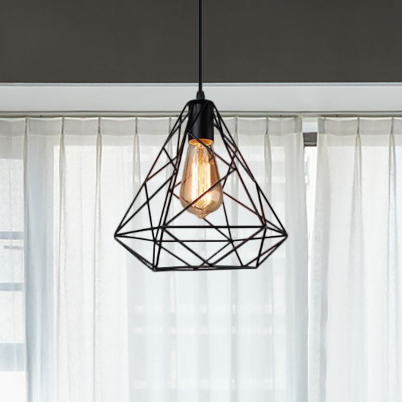 Diamond Shade Hanging Lighting Farmhouse Style Metal 1 Light Kitchen Ceiling Fixture with Wire Frame in Black