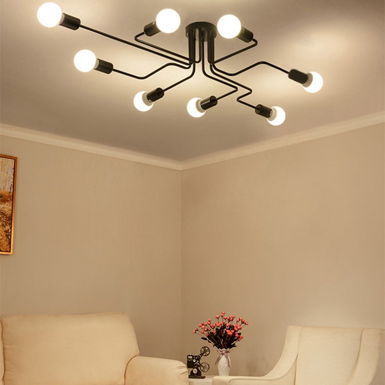 Black Bare Bulb Ceiling Lighting Retro Iron Angled Tangle Semi Flush Mount Lighting for Living Room
