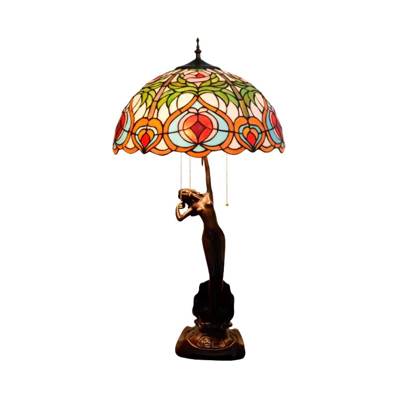 Orange/Yellow Glass Bowl Night Light Victorian Style 3 Bulbs Black Table Lighting with Pull Chain and Girl Base