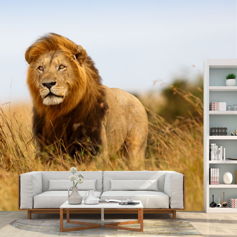 Brown King of Savannas Mural Lion Modern Style Moisture Resistant Wall Decor for Home