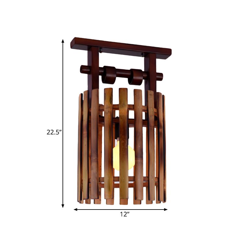 Bamboo Oval/Cylinder Cage Semi-Flush Mount Country 1/2-Light Corridor Ceiling Lamp in Brown with Wood Linear Canopy