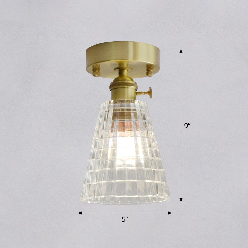 Brass Finish 1-Head Ceiling Mounted Light Minimalist Carved Glass Shaded Semi Flush Mount Lamp for Corridor