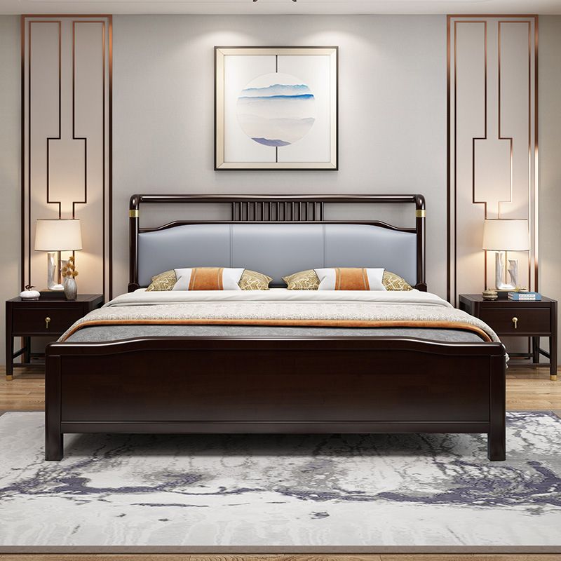84.65 inch Wide Mid-century Bed Frame Rubberwood Bed with Upholstered Headboard