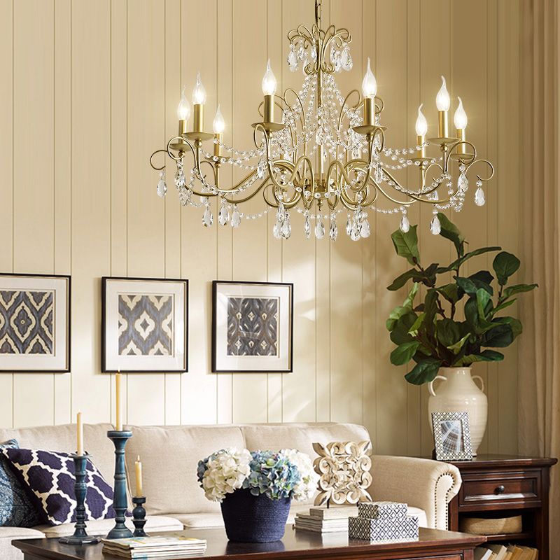 American Rustic Style Chandelier Light with Clear Crystal Drops Multi-lights Vintage Dining Room Lighting Fixture