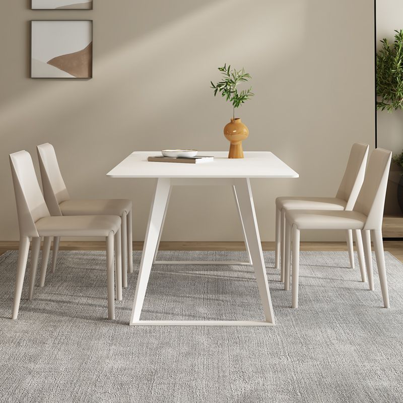 Modern Rectangle Dining Table White Stone Tabletop with Metal Sled Base
