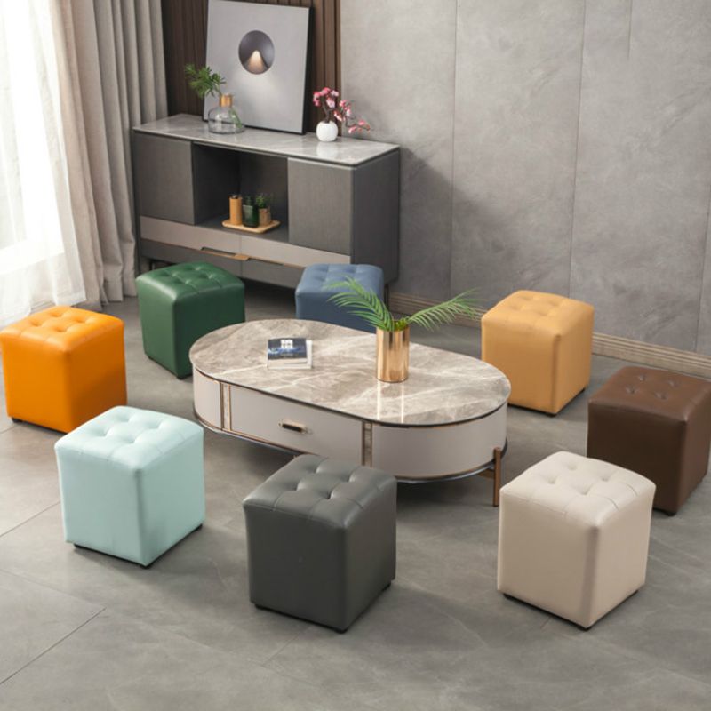 Dark Green Contemporary Pouf Pure Color Round Leather Indoor Pouf