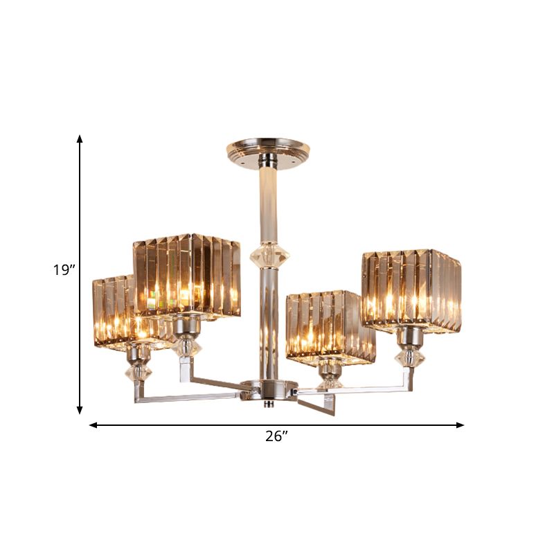 4/6 cabezas Semi Flush Mount Candelier Luz de techo de dormitorio moderno con sombra de cristal cuboide en cromo