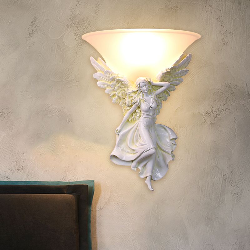 Frosted Glass Bell Shade Wall Lighting Traditional 1 Bulb Corridor Wall Light Sconce with Resin White/Gold Angel Backplate, Right/Left