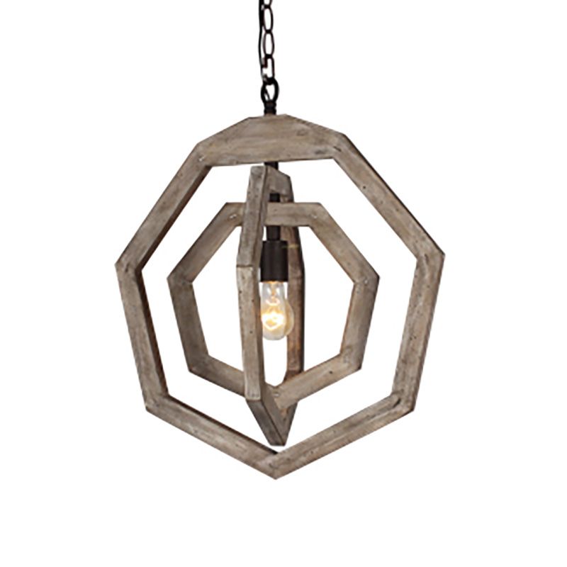 1 Light Pendant Lamp with Heptagon Grey/White/Beige Wood Frame Industrial Hallway Hanging Lamp Kit