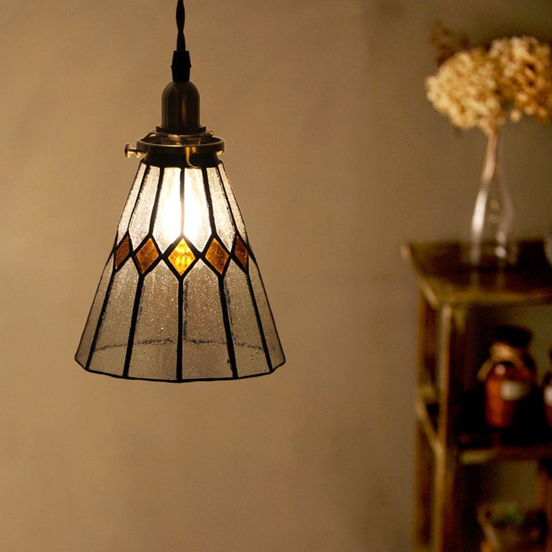 Vintage Conical Pendant Lamp 1-Light Tiffany Glass Hanging Light Fixture in Brass