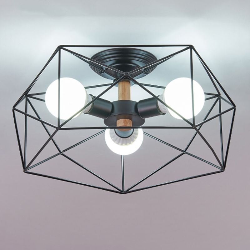 Industrial Flush Light Fixtures Cage-Shaped Iron Flush Mount Lamps for Bedroom