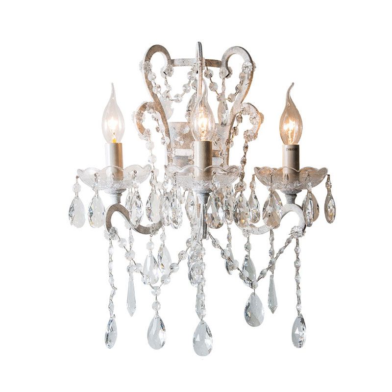 Candlestick Crystal Teardrop Wall Light Sconce Simple 3 Bulbs Dining Room Wall Lighting Idea in White