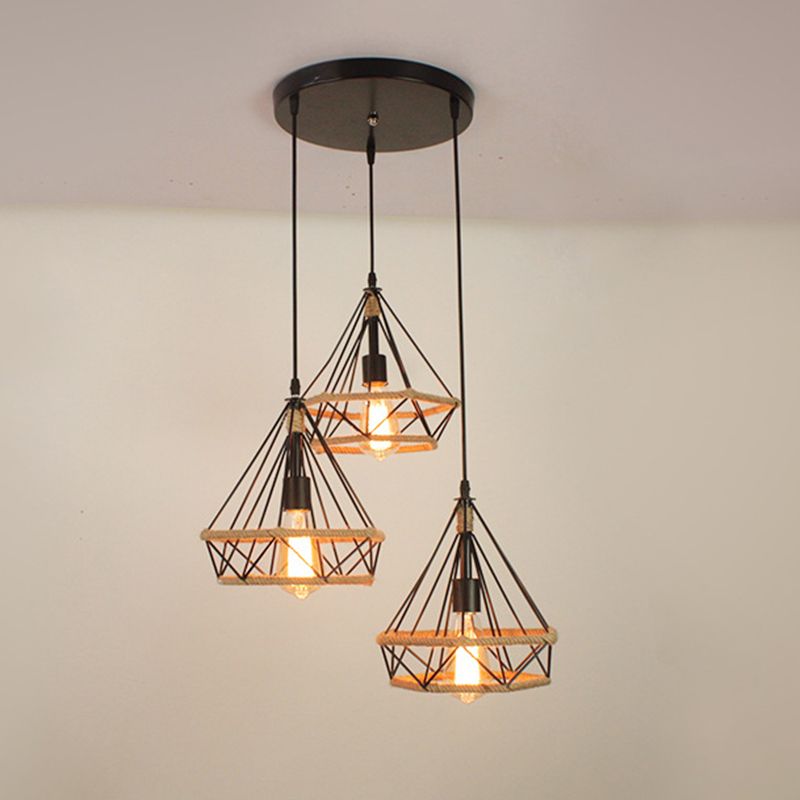 Luz de la isla de cuerda de cáñamo vintage con sombra de hierro de 3 luces restaurantes lámpara de suspensión