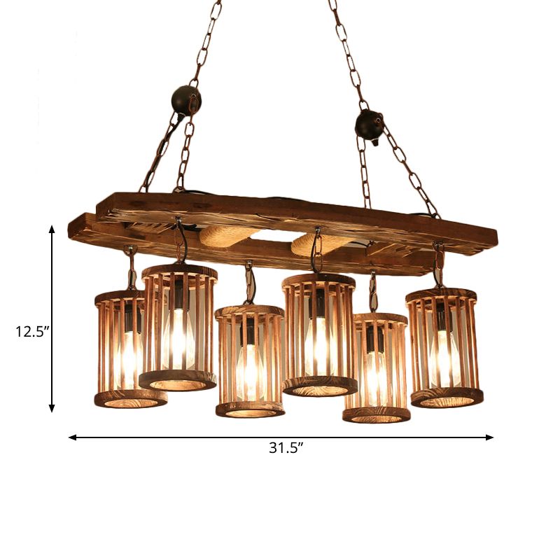 Factory Cylinder Hanging Island Light 6-Light Wood Pendant Chandelier with Ladder Deco