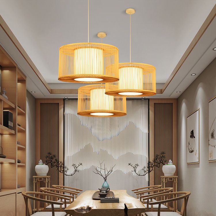 Hand-worked Drum Shaped Pendant Modern Wood 1-Light Restaurant Hanging Lighting