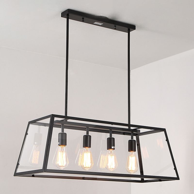 Industrial Metal Island Light Black 4 Lights Island Pendant with Glass for Dining Room