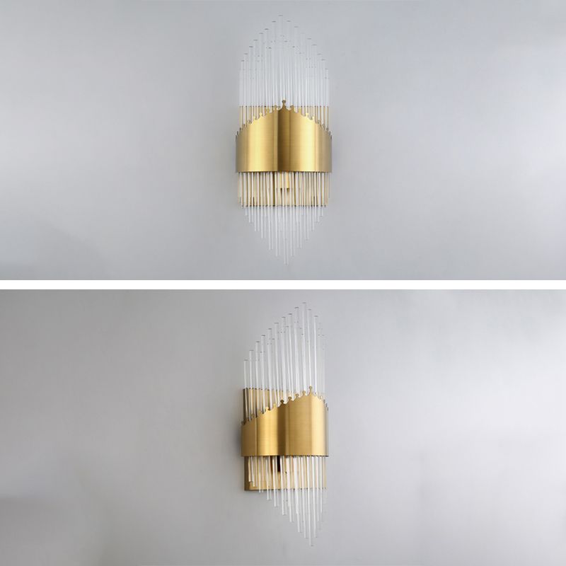 Fluted Crystal Flush Wall Sconce Postmodern Style 2-Bulb Gold Wall Lamp for Living Room